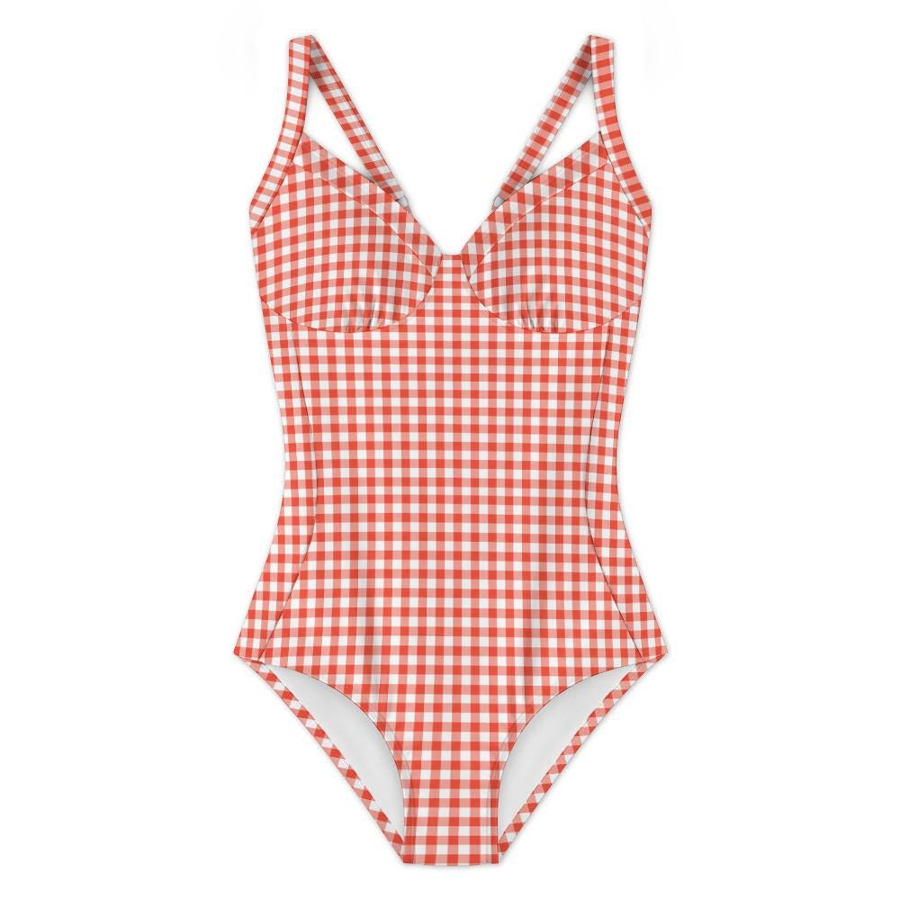 Retro Romantic Gingham Push-Up One-Piece Swimsuit with Lace-Up Back, Red