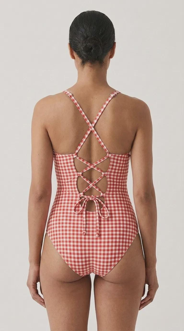 Retro Romantic Gingham Push-Up One-Piece Swimsuit with Lace-Up Back, Red