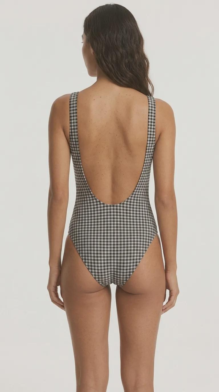 Retro Black & White Gingham Checkered One-Piece Swimsuit Backless Scoop Neck Groovy Mod Vintage-Inspired