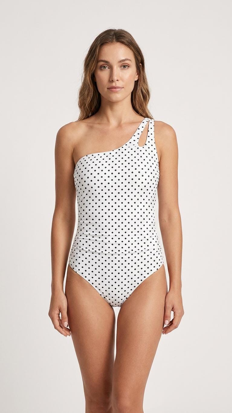 Retro One Shoulder Ruched Swimsuit with Keyhole Strap, Vintage-Inspired One-Piece, Delicate Polka-Dots
