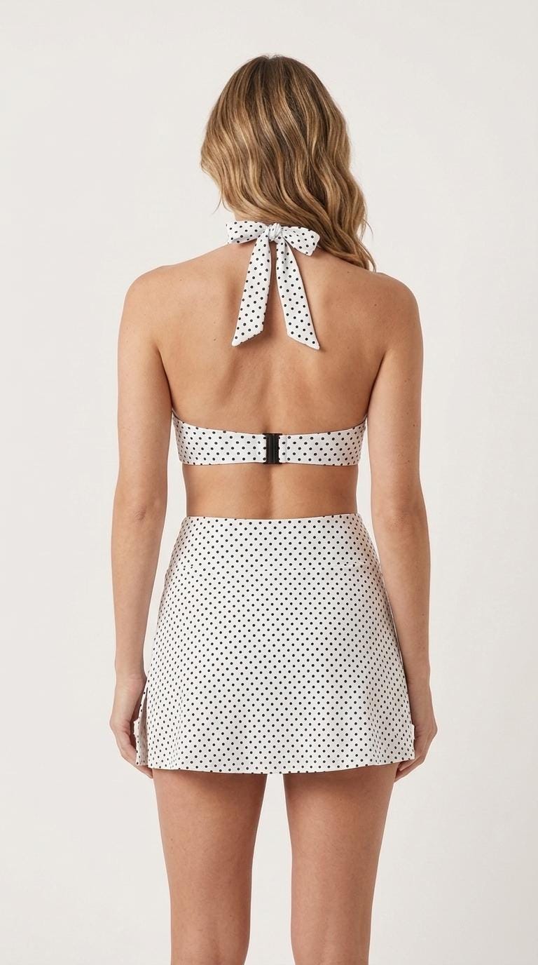 Off-White Polka Dot Retro Halter Tankini Skort Swim Set with Integrated Bottoms
