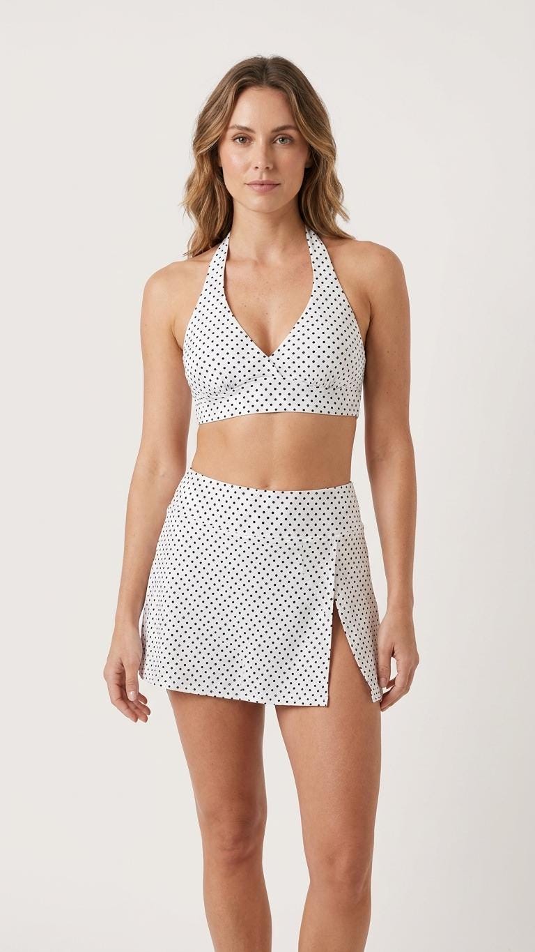 Off-White Polka Dot Retro Halter Tankini Skort Swim Set with Integrated Bottoms