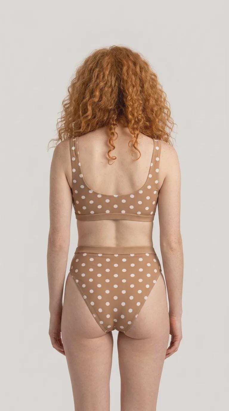 Vintage-Inspired Spotty Sporty Sexy Bikini – High-Waist High-Leg Swimsuit, Scoop-Neck Crop-Top, Brown Polka-Dot