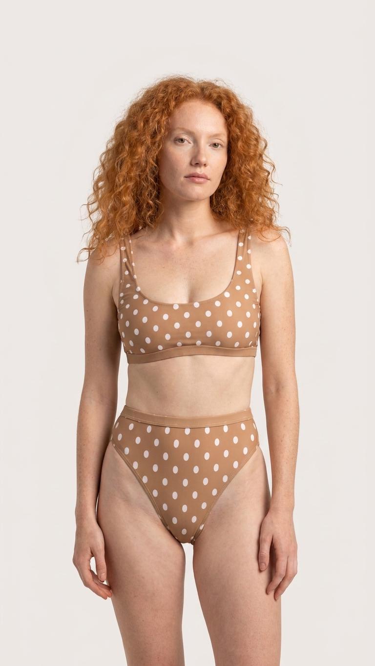 Vintage-Inspired Spotty Sporty Sexy Bikini – High-Waist High-Leg Swimsuit, Scoop-Neck Crop-Top, Brown Polka-Dot