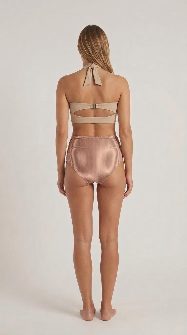 Vintage-Inspired High-Waist Bikini | Retro 50s Halter Swimsuit | Pin-Up Sweetheart Ruched Striped Bathing Suit | Beige