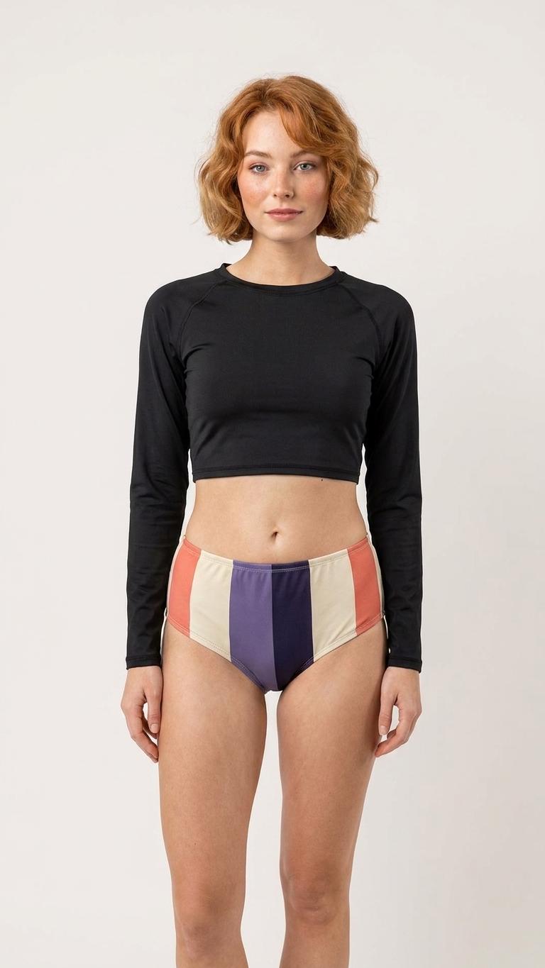 70s Retro Surf Sporty Long-Sleeve Rash Guard Bikini | High-Waist Two-Piece Swimsuit | Black, Large Stripes