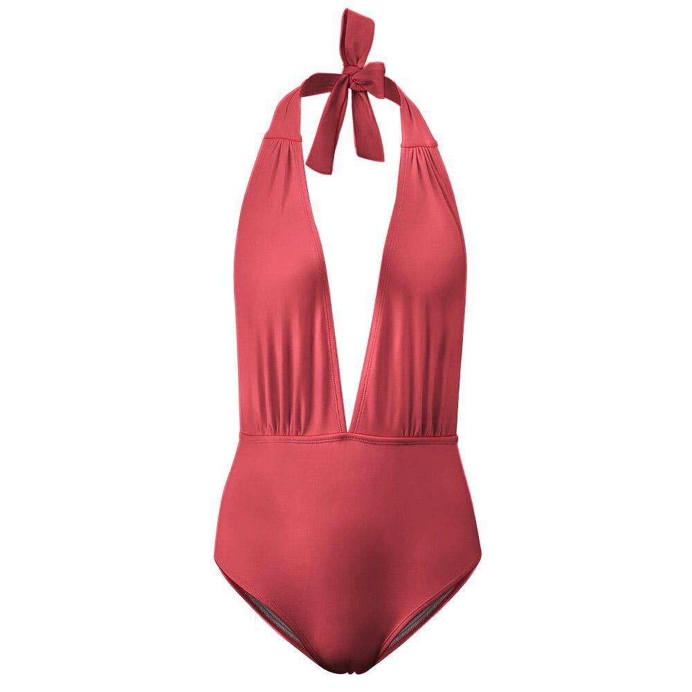 Bold Deep V Plunge Halter One-Piece Swimsuit - High-Waist Sexy Swimwear - Retro Pink & Other Colours