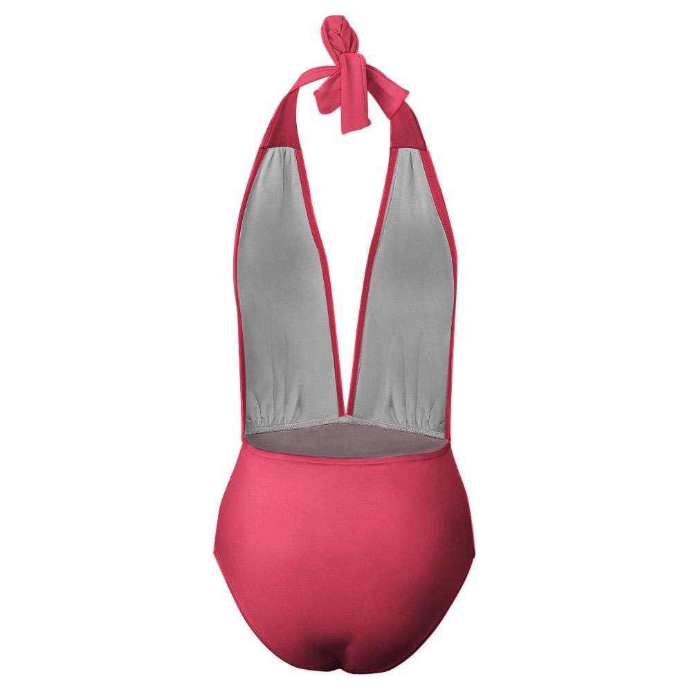 Bold Deep V Plunge Halter One-Piece Swimsuit - High-Waist Sexy Swimwear - Retro Pink & Other Colours