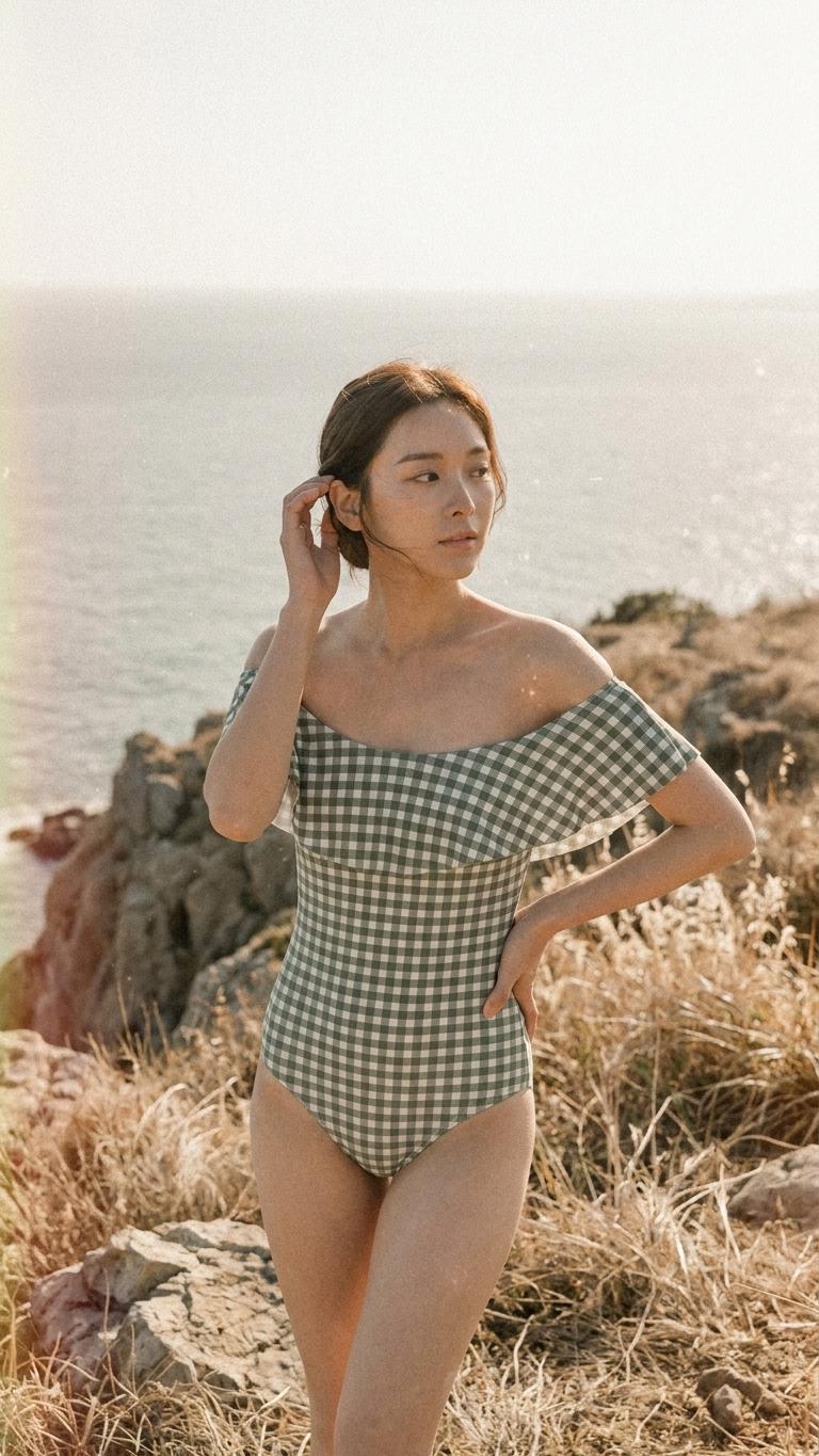 Retro Bardot Sage Green Gingham One-Piece Swimsuit – Coquette Off-Shoulder Flounce Bathing Suit, Vintage-Inspired Swimwear