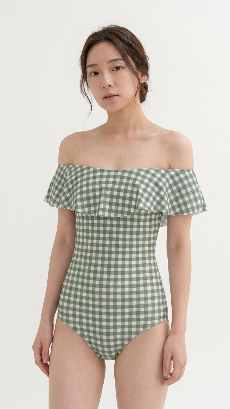 Retro Bardot Sage Green Gingham One-Piece Swimsuit – Coquette Off-Shoulder Flounce Bathing Suit, Vintage-Inspired Swimwear