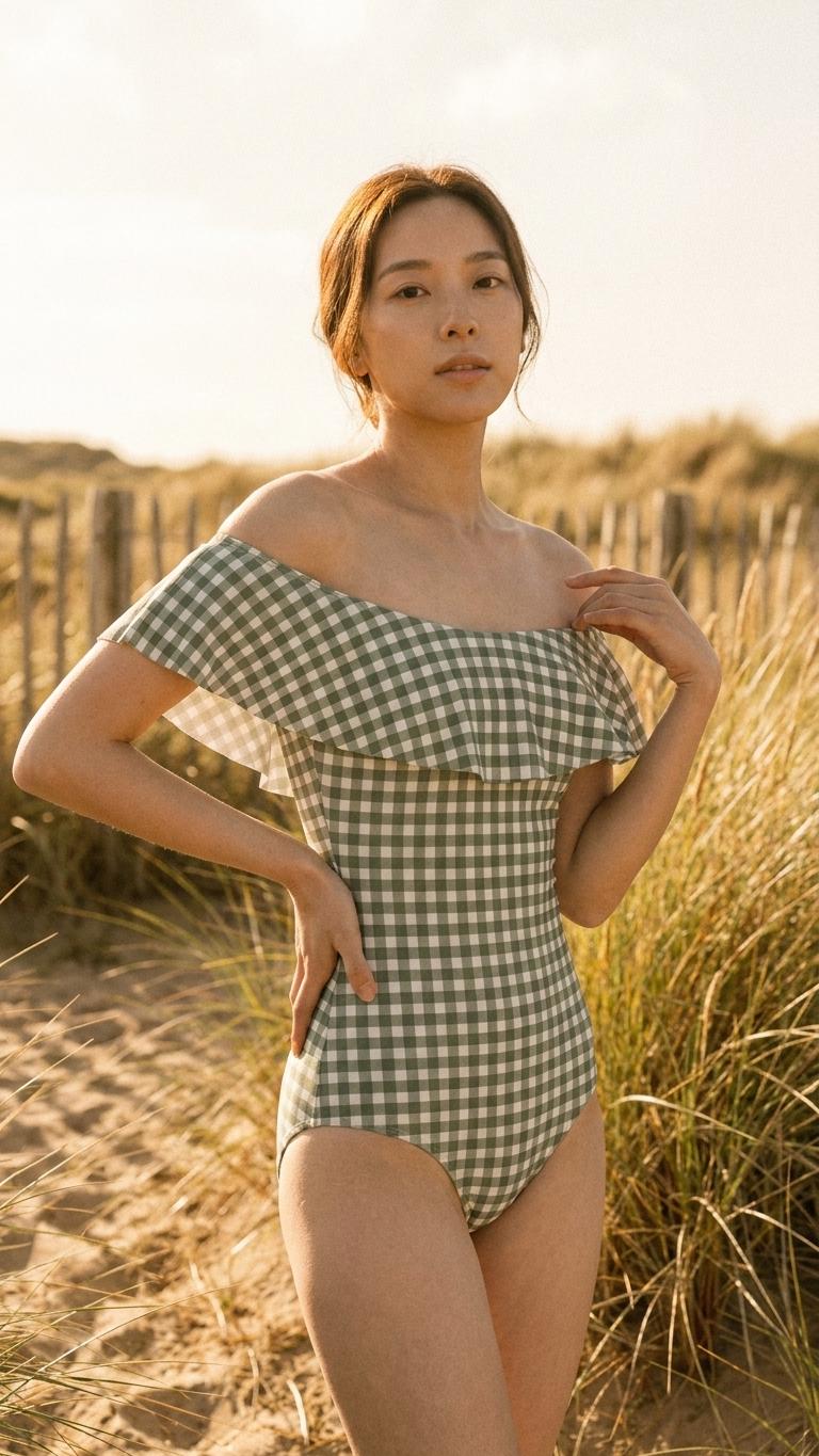 Retro Bardot Sage Green Gingham One-Piece Swimsuit – Coquette Off-Shoulder Flounce Bathing Suit, Vintage-Inspired Swimwear