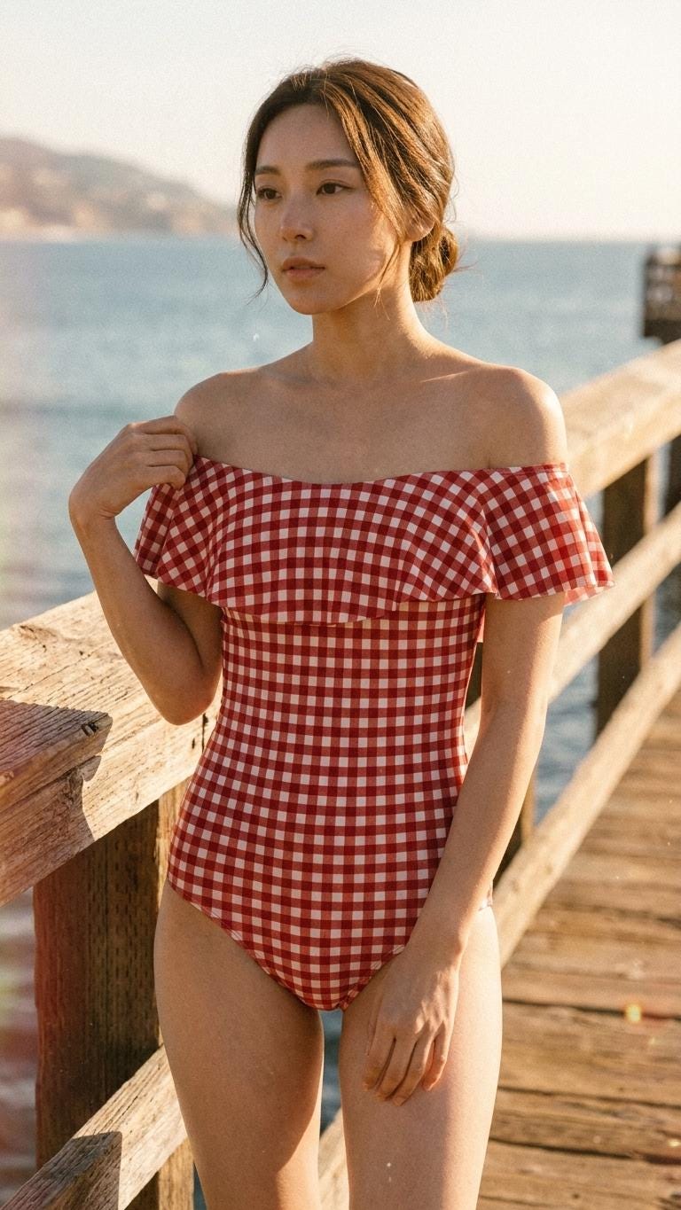 Retro Bardot Red Gingham One-Piece Swimsuit – Coquette Off-Shoulder Flounce Bathing Suit, Vintage-Inspired Swimwear