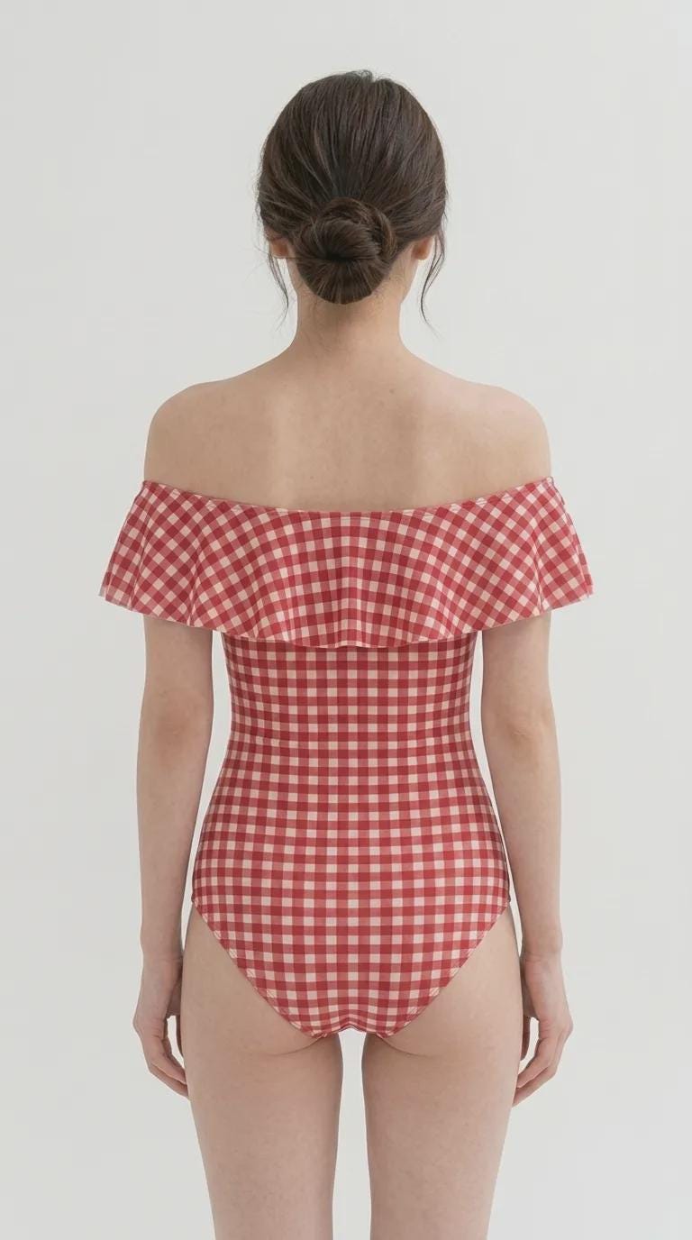 Retro Bardot Red Gingham One-Piece Swimsuit – Coquette Off-Shoulder Flounce Bathing Suit, Vintage-Inspired Swimwear