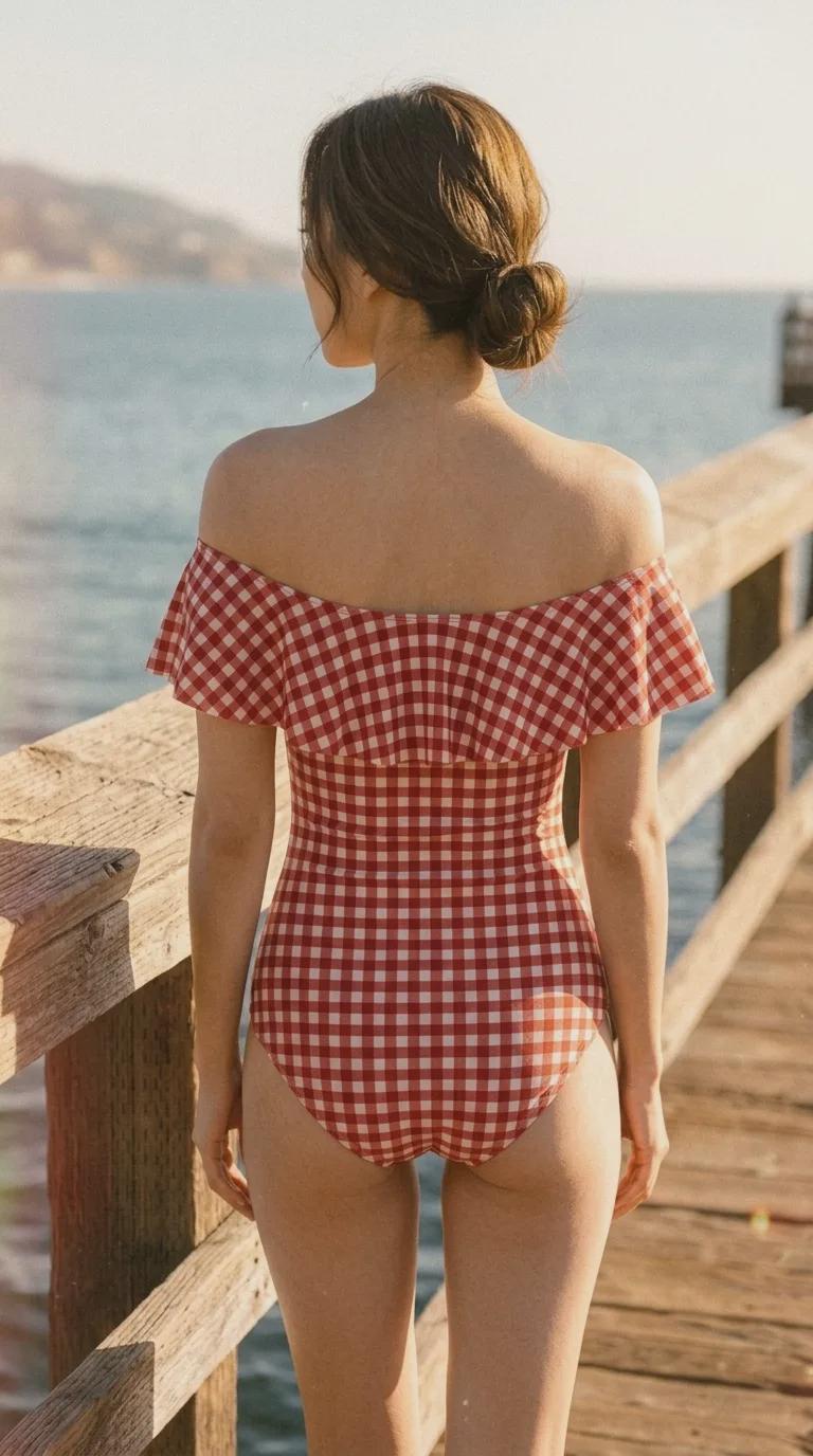 Retro Bardot Red Gingham One-Piece Swimsuit – Coquette Off-Shoulder Flounce Bathing Suit, Vintage-Inspired Swimwear