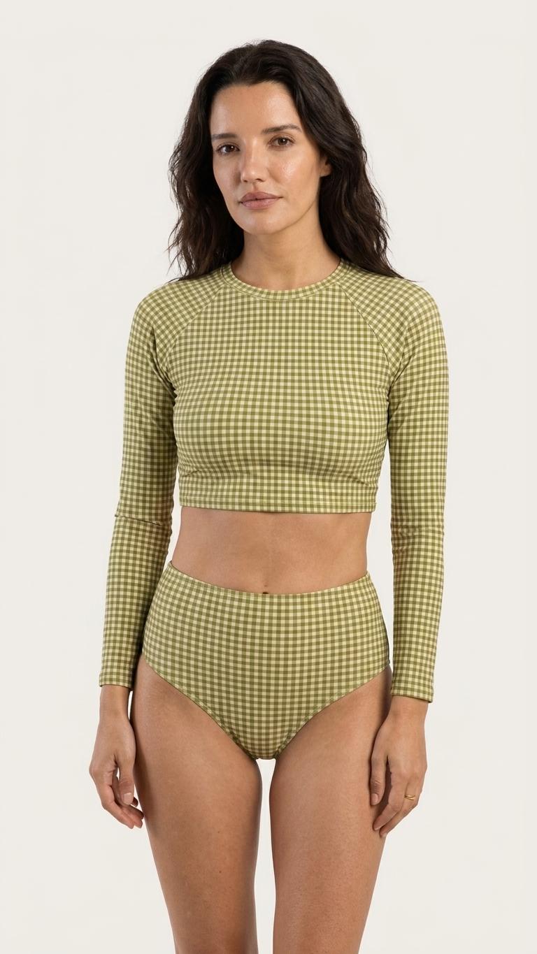 Retro Raglan Crop Top Bikini, High Waist Swimsuit, 70s Style, Olive Green Gingham