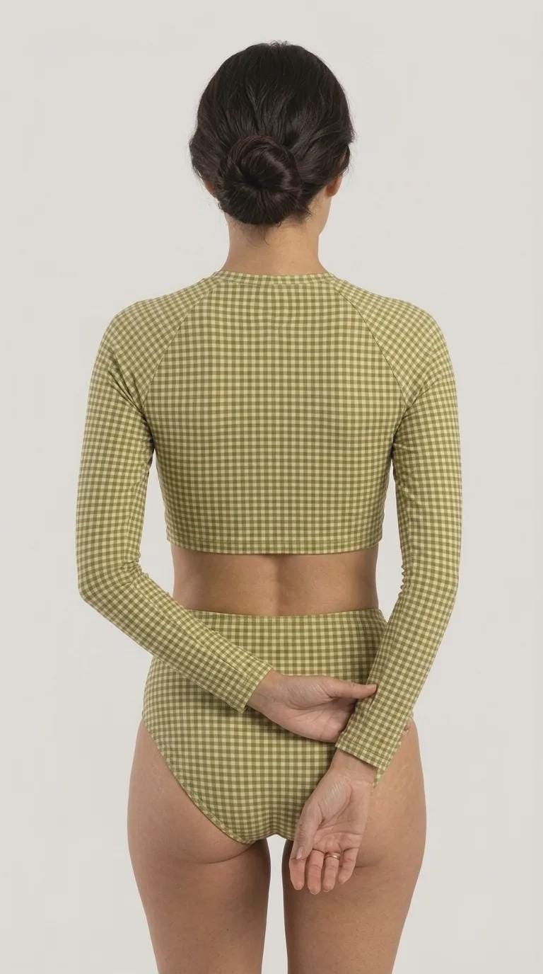 Retro Raglan Crop Top Bikini, High Waist Swimsuit, 70s Style, Olive Green Gingham