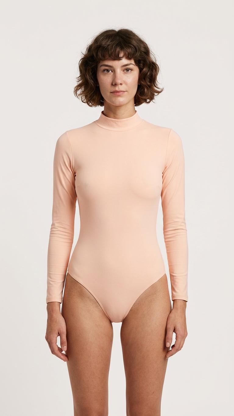 Retro Long-Sleeve One-Piece Swimsuit - Back Zipper - Lightweight - Soft Chest Pads - Peach Pink