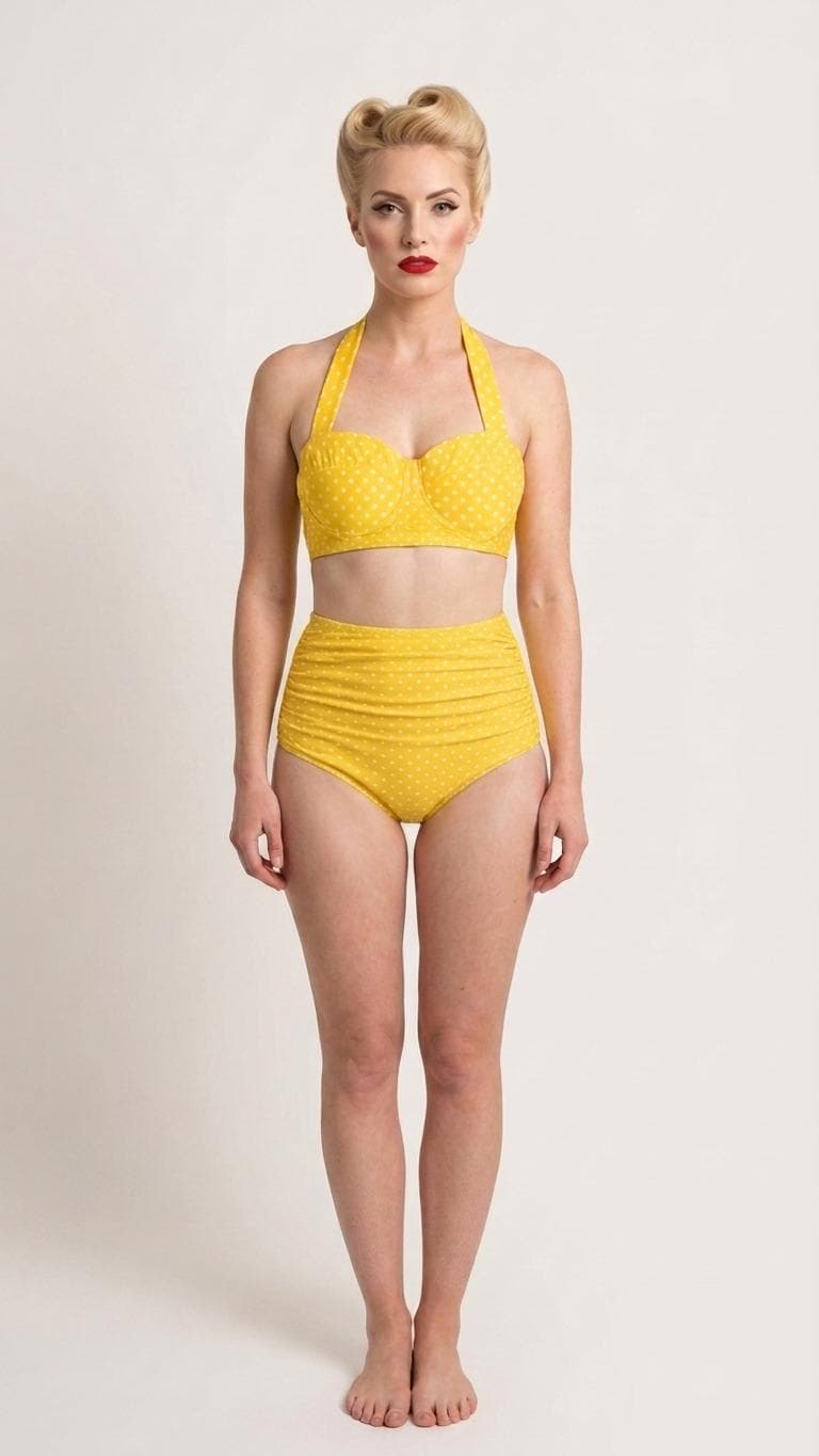 Retro Sweetheart High-Waist Ruched Bikini, Pin Up-Inspired Halter Swimsuit, Yellow & White Polka-Dot