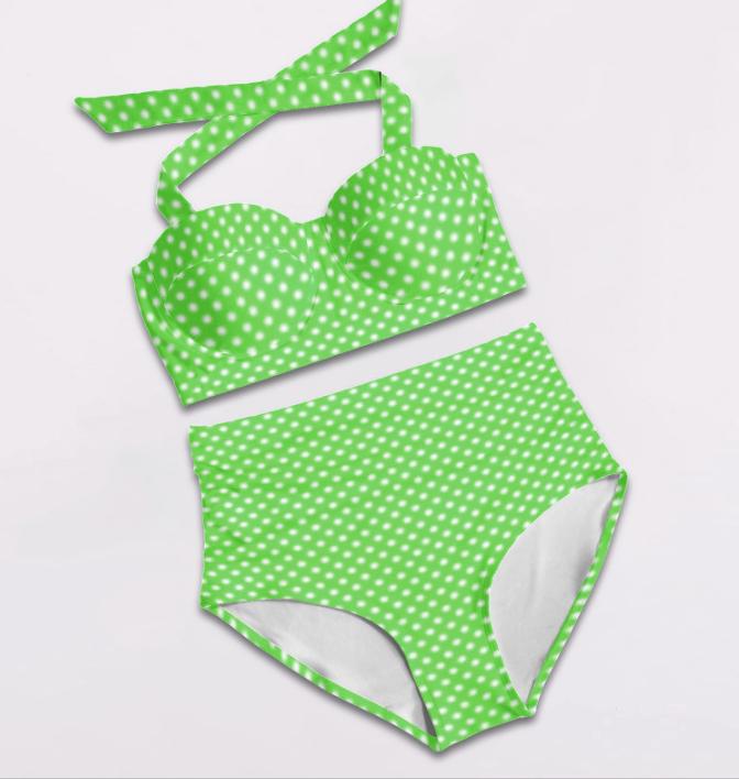 Retro Sweetheart High-Waist Ruched Bikini, Pin Up-Inspired Halter Swimsuit, Yellow & White Polka-Dot