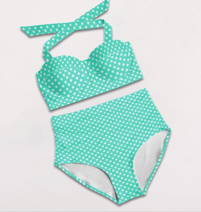 Retro Sweetheart High-Waist Ruched Bikini, Pin Up-Inspired Halter Swimsuit, Yellow & White Polka-Dot