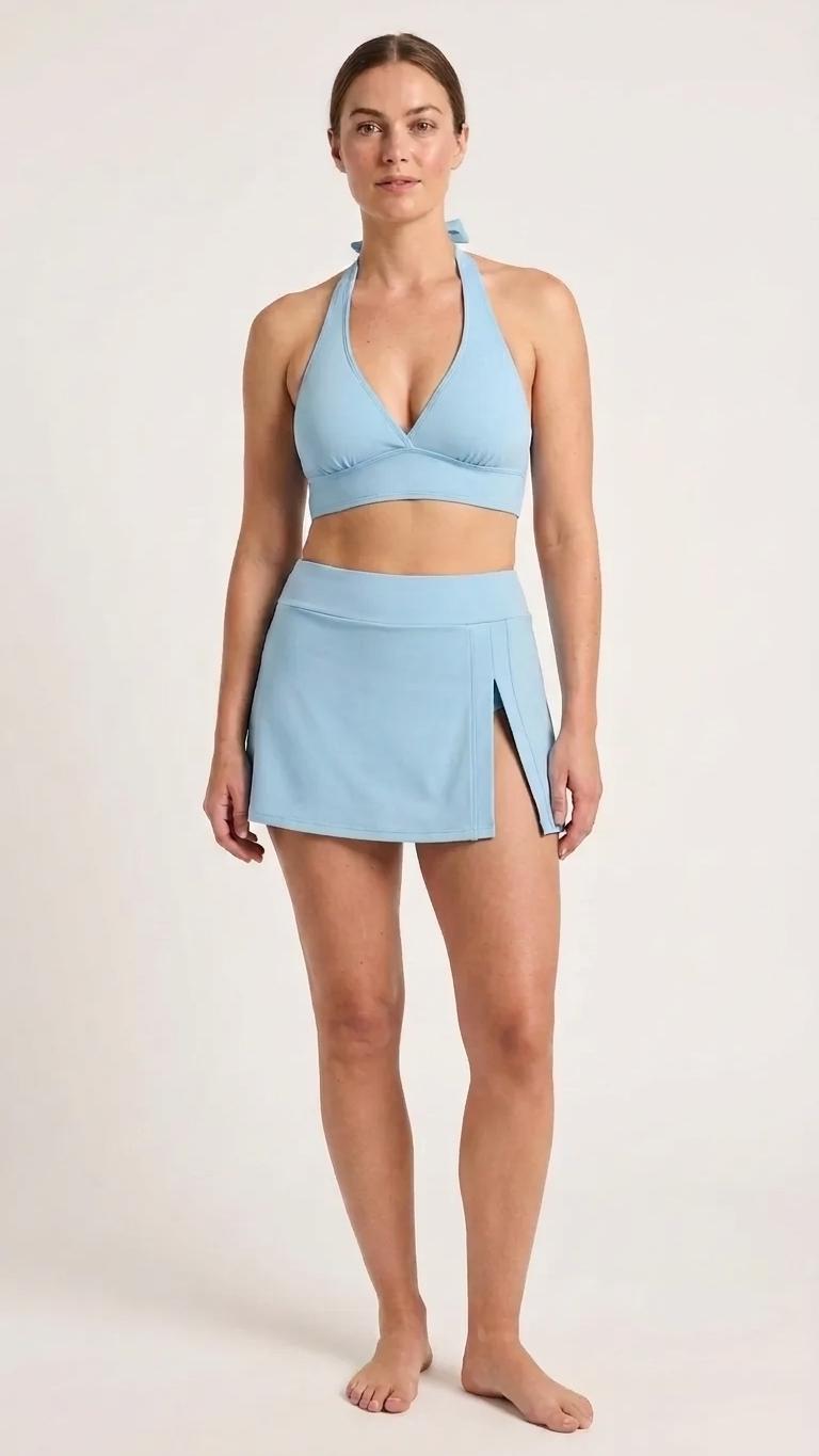 Azure Blue Retro Halter Tankini Skort Swim Set with Integrated Bottoms