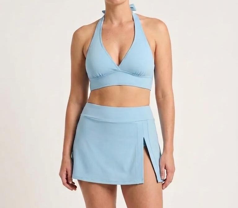 Azure Blue Retro Halter Tankini Skort Swim Set with Integrated Bottoms