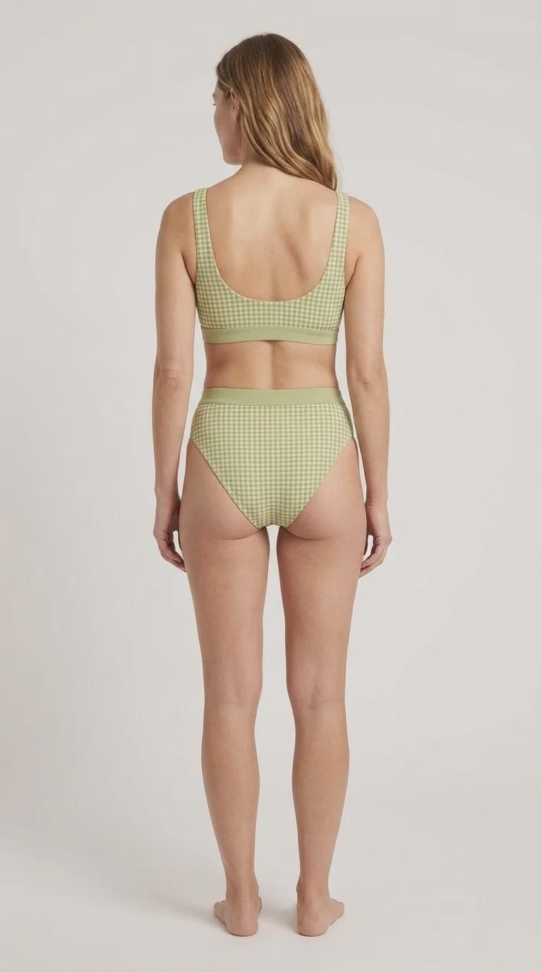 Vintage-Inspired Gingham Sporty Sexy Bikini – High-Waist High-Leg Swimsuit, Scoop-Neck Crop-Top, Green