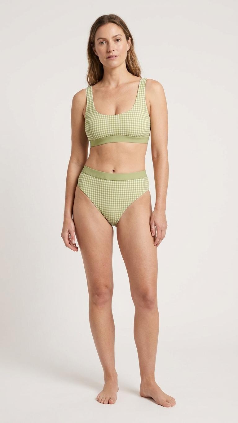 Vintage-Inspired Gingham Sporty Sexy Bikini – High-Waist High-Leg Swimsuit, Scoop-Neck Crop-Top, Green
