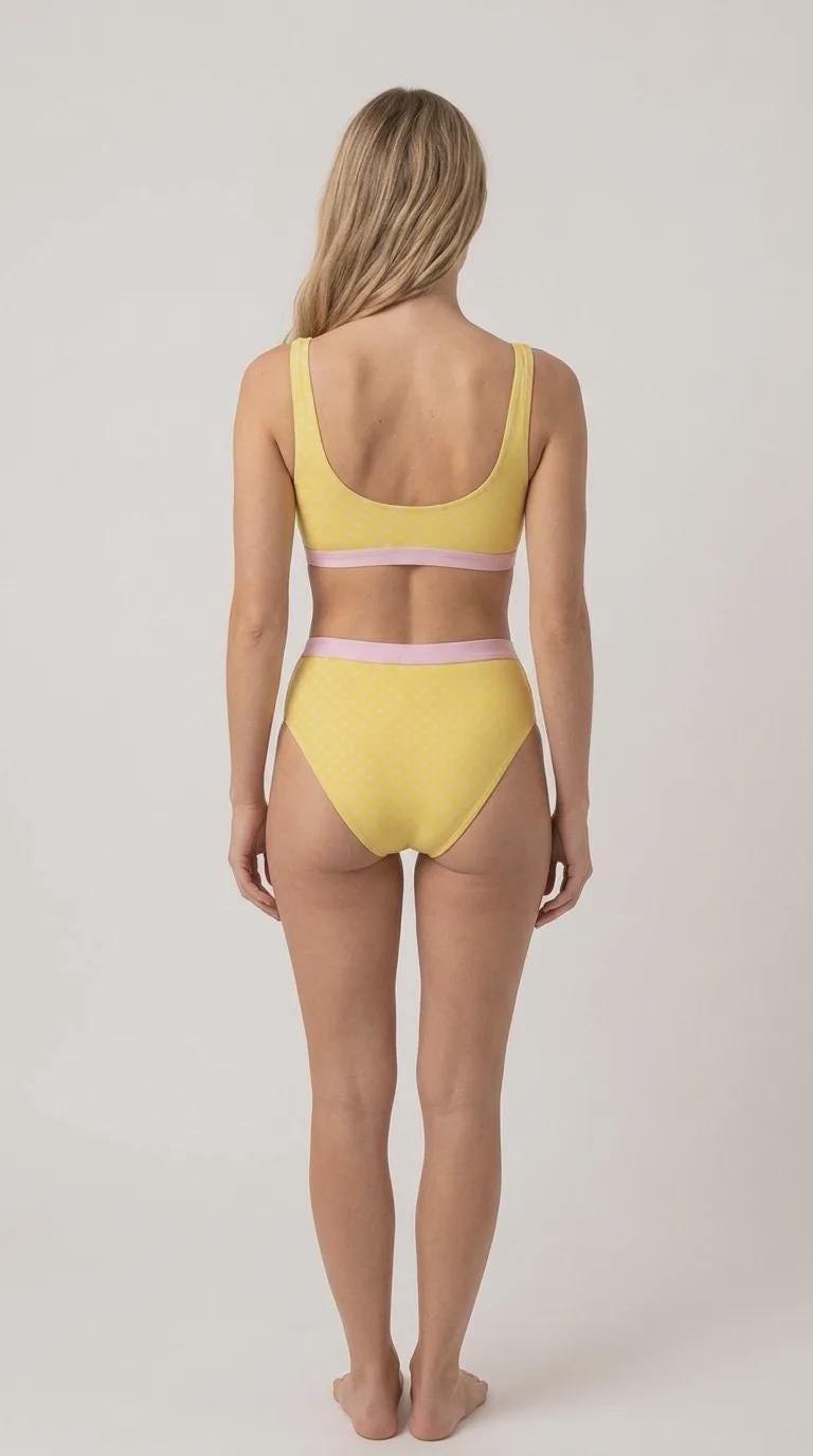 Vintage-Inspired Spotty Sporty Sexy Bikini – High-Waist High-Leg Swimsuit, Scoop-Neck Crop-Top, Yellow Pink Polka-Dot
