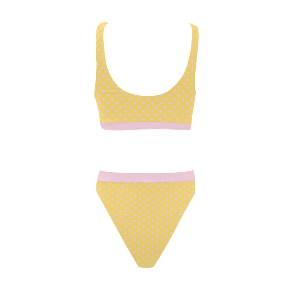 Vintage-Inspired Spotty Sporty Sexy Bikini – High-Waist High-Leg Swimsuit, Scoop-Neck Crop-Top, Yellow Pink Polka-Dot