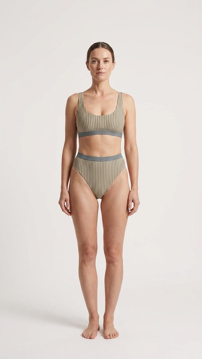 Vintage-Inspired Stripy Sporty Sexy Bikini – High-Waist High-Leg Swimsuit, Scoop-Neck Crop-Top, Sepia Blue