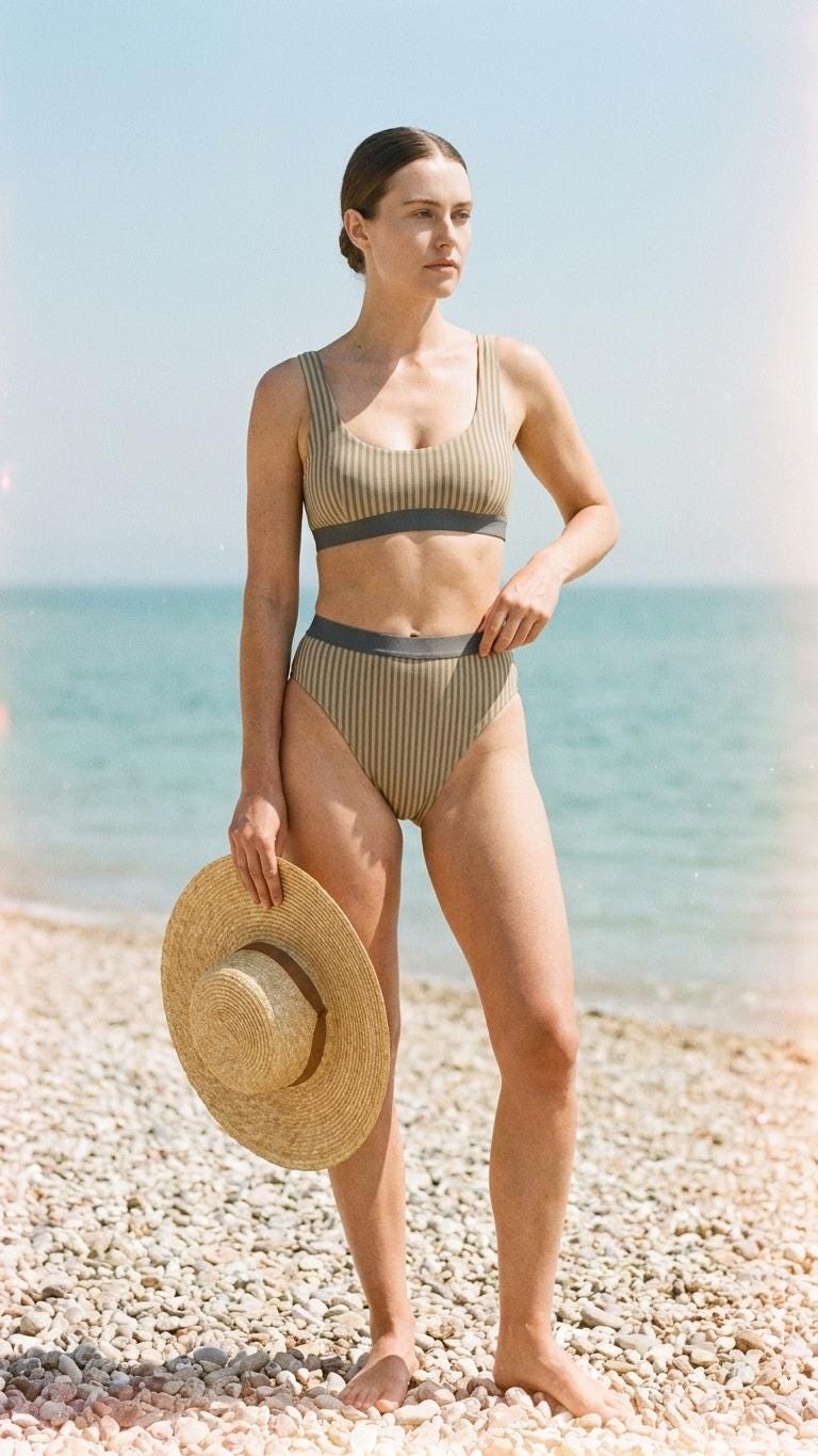 Vintage-Inspired Stripy Sporty Sexy Bikini – High-Waist High-Leg Swimsuit, Scoop-Neck Crop-Top, Sepia Blue