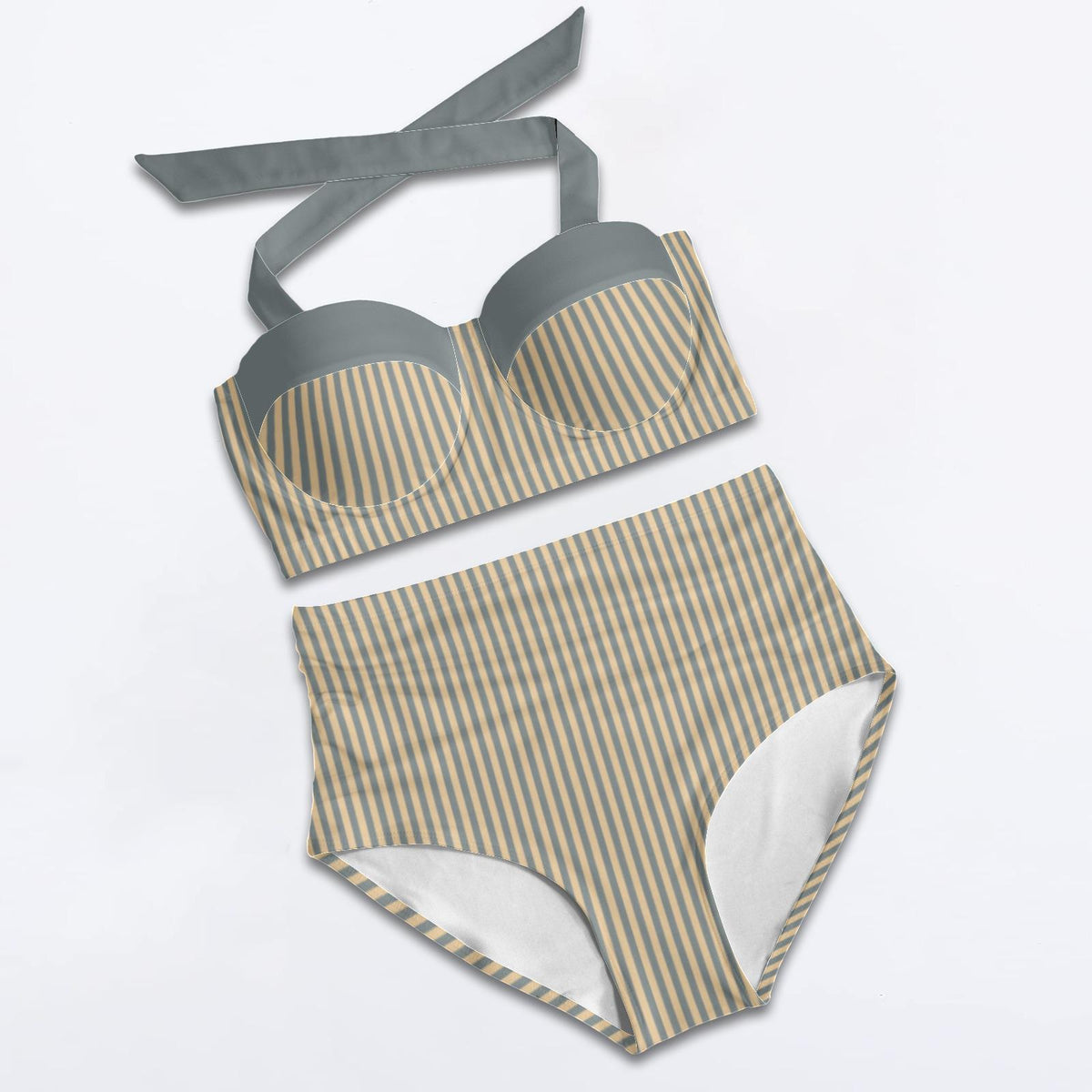 Vintage-Style High-Waisted Bikini | Retro Sweetheart Striped Pin-Up Halter Ruched Two-Piece Swimsuit, Sepia & Blue