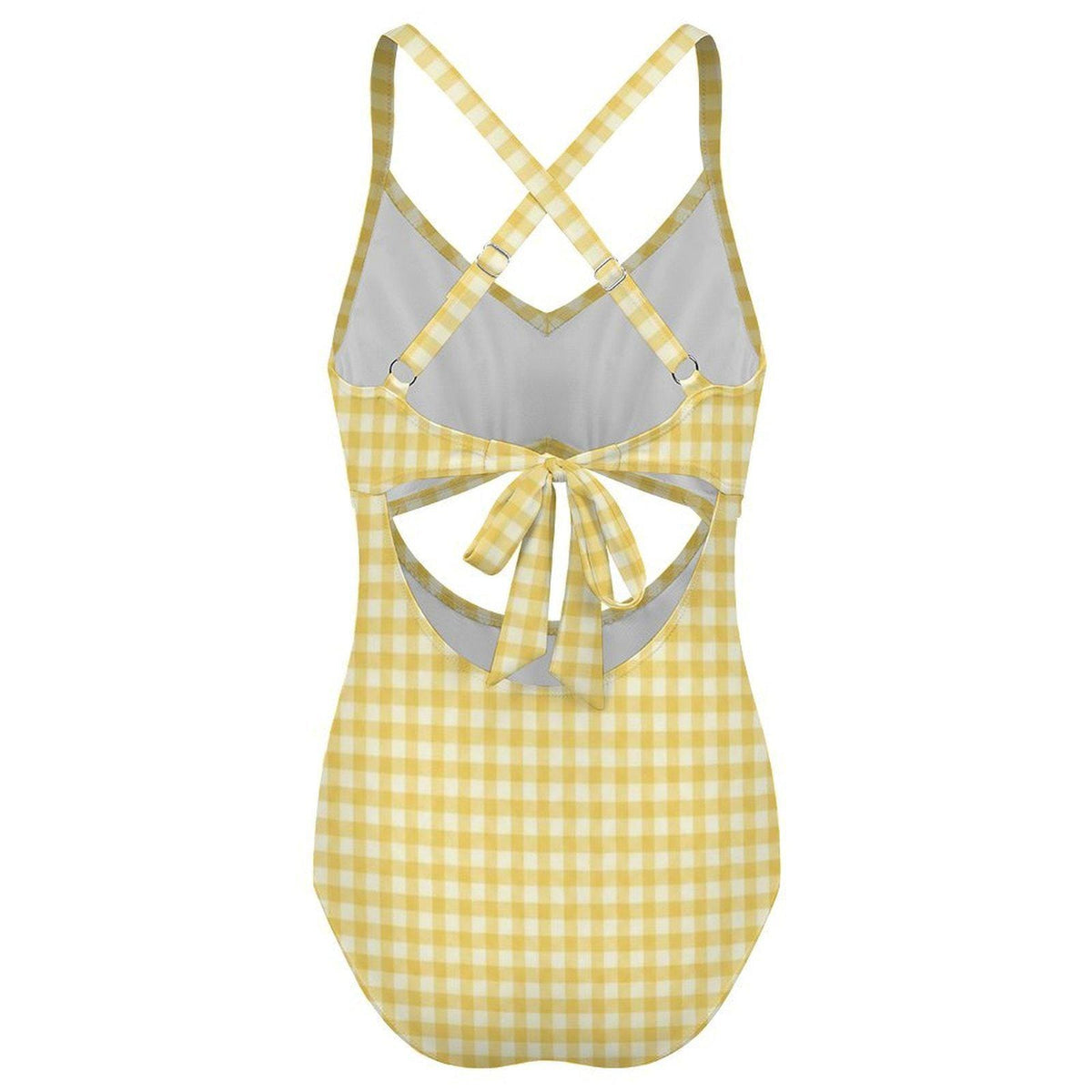 Gingham Cut-Out One-Piece Swimsuit, Lace-Up Back & Ruching, Pin-Up Vibes, Yellow
