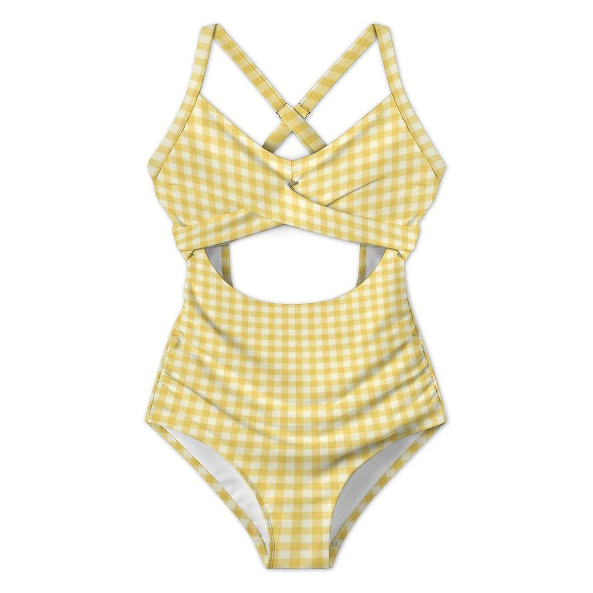 Gingham Cut-Out One-Piece Swimsuit, Lace-Up Back & Ruching, Pin-Up Vibes, Yellow