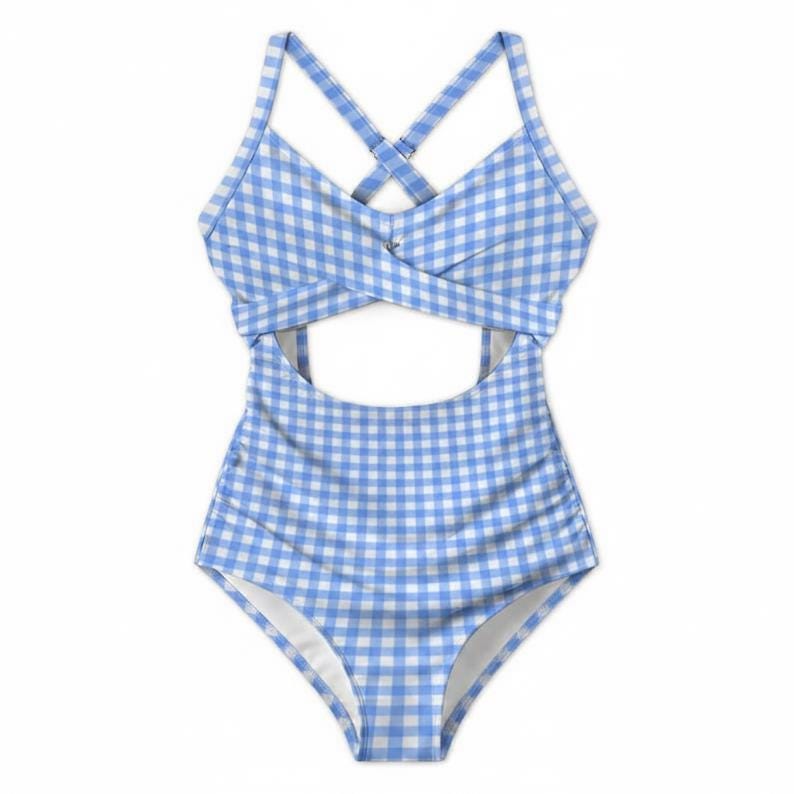 Gingham Cut-Out One-Piece Swimsuit, Lace-Up Back & Ruching, Pin-Up Vibes, Blue
