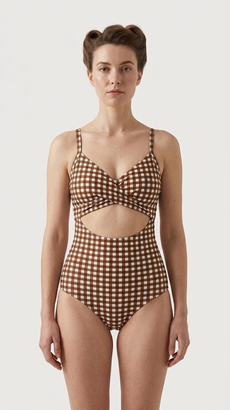Gingham Cut-Out One-Piece Swimsuit, Lace-Up Back & Ruching, Pin-Up Vibes, Brown