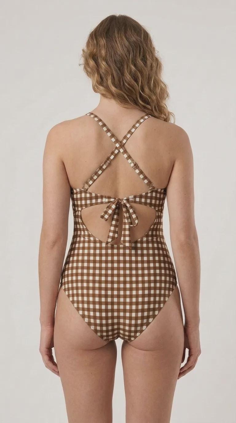 Gingham Cut-Out One-Piece Swimsuit, Lace-Up Back & Ruching, Pin-Up Vibes, Brown