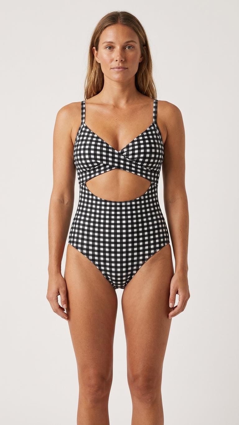 Gingham Cut-Out One-Piece Swimsuit, Lace-Up Back & Ruching, Pin-Up Vibes, Black