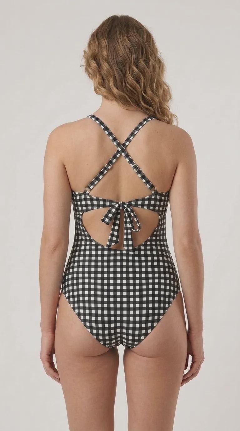 Gingham Cut-Out One-Piece Swimsuit, Lace-Up Back & Ruching, Pin-Up Vibes, Black