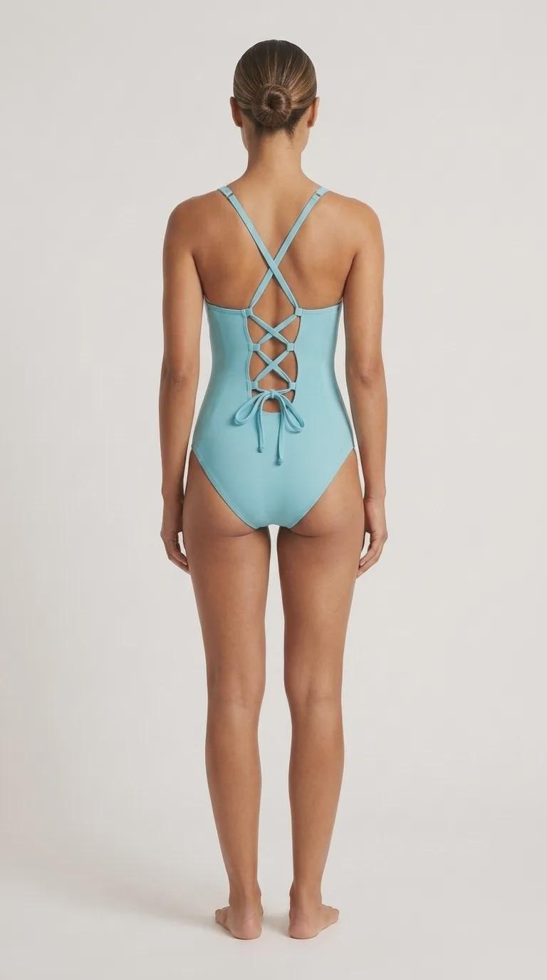 Retro Romantic Push-Up One-Piece Swimsuit with Lace-Up Back, Azure Blue