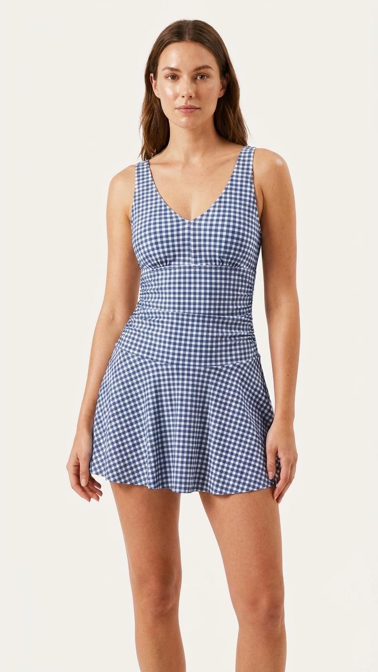 Retro Pleated Swim Dress with Matching Boy Short Bottoms, Vintage-Inspired Modest Tankini, Ginghams