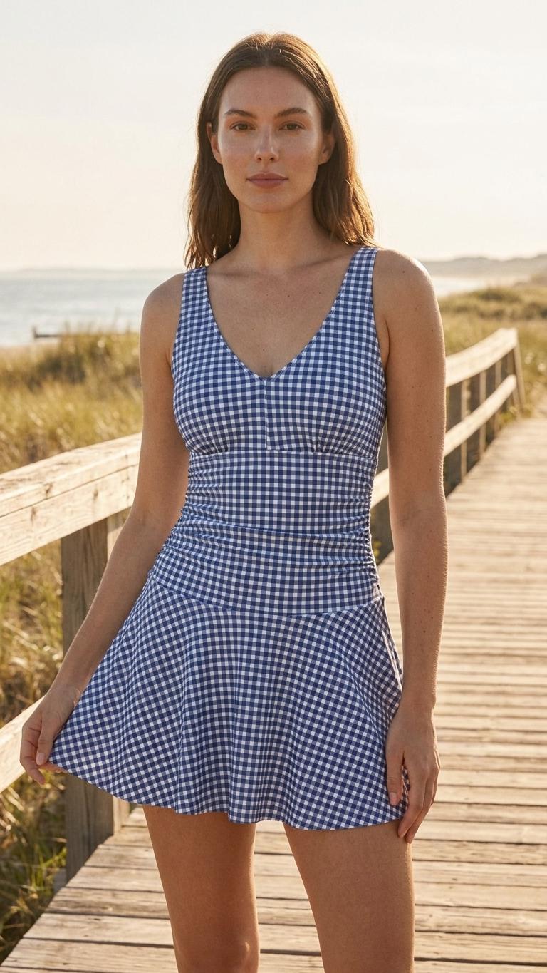 Retro Pleated Swim Dress with Matching Boy Short Bottoms, Vintage-Inspired Modest Tankini, Ginghams