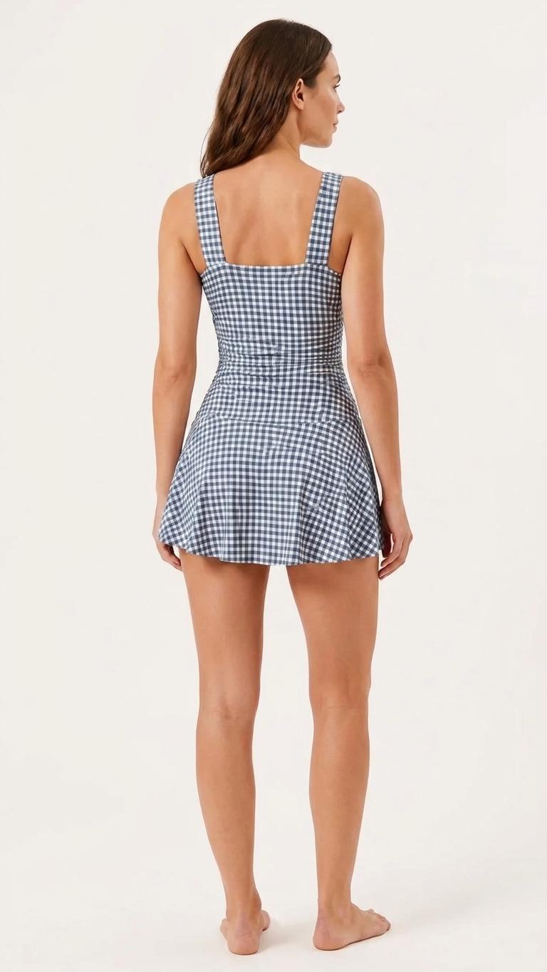 Retro Pleated Swim Dress with Matching Boy Short Bottoms, Vintage-Inspired Modest Tankini, Ginghams