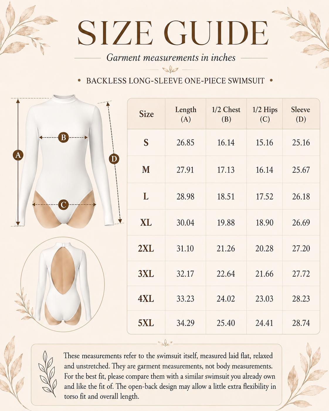 Vanilla Long Sleeve Open Back Swimsuit, One-Piece Surf Swimwear, Front Lined, Removable Padding