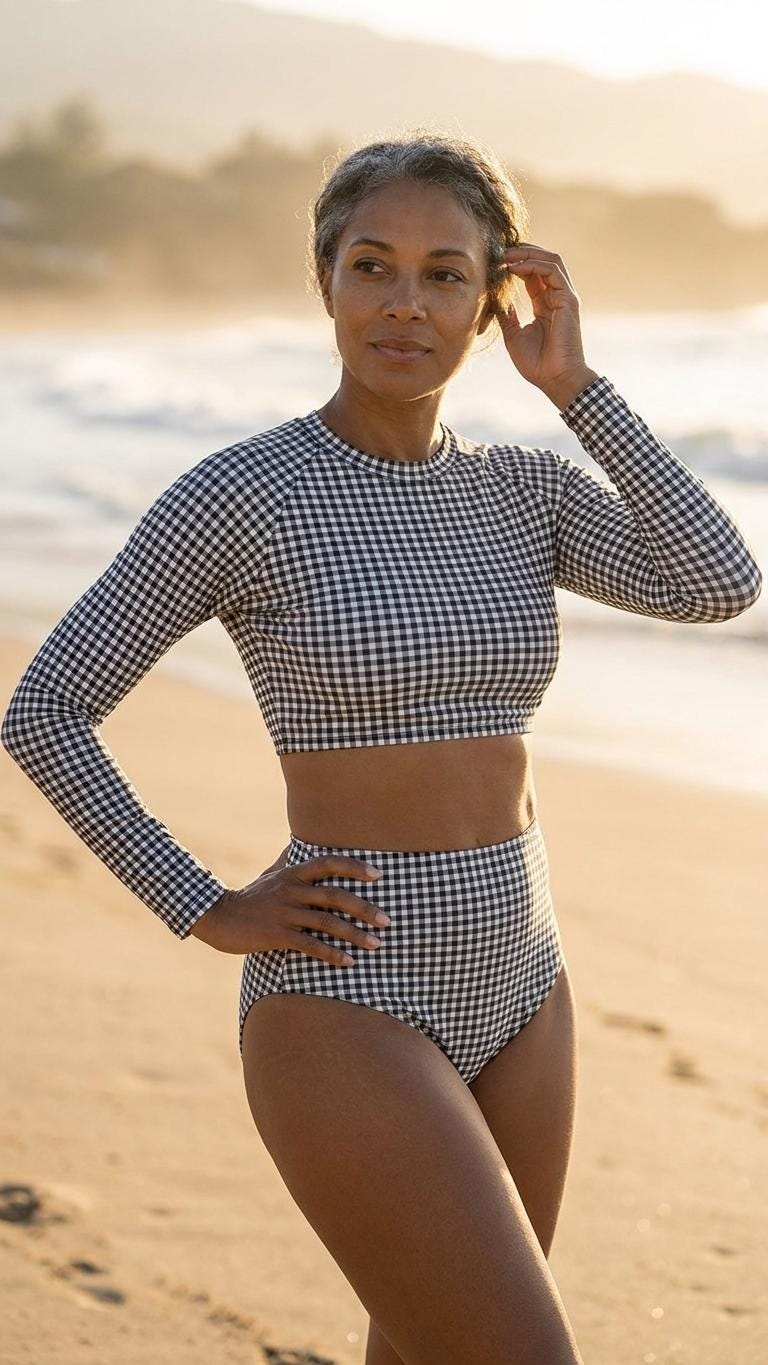 Retro Surf Sporty Long-Sleeve Rash-Guard Bikini | High-Waist Two-Piece Swimsuit | Vintage-Inspired Black Gingham