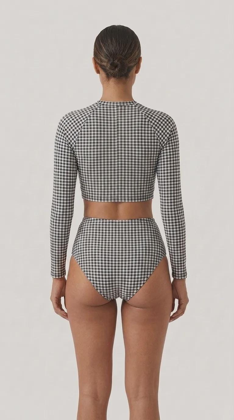 Retro Surf Sporty Long-Sleeve Rash-Guard Bikini | High-Waist Two-Piece Swimsuit | Vintage-Inspired Black Gingham