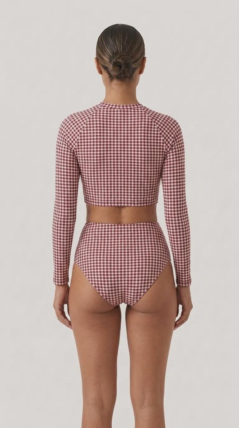 Retro Surf Sporty Long-Sleeve Rash-Guard Bikini | High-Waist Two-Piece Swimsuit | Vintage-Inspired Red Gingham