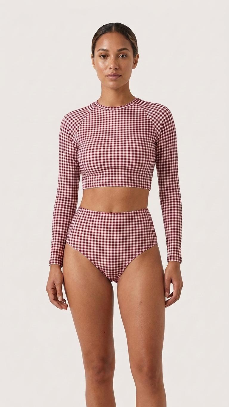 Retro Surf Sporty Long-Sleeve Rash-Guard Bikini | High-Waist Two-Piece Swimsuit | Vintage-Inspired Red Gingham