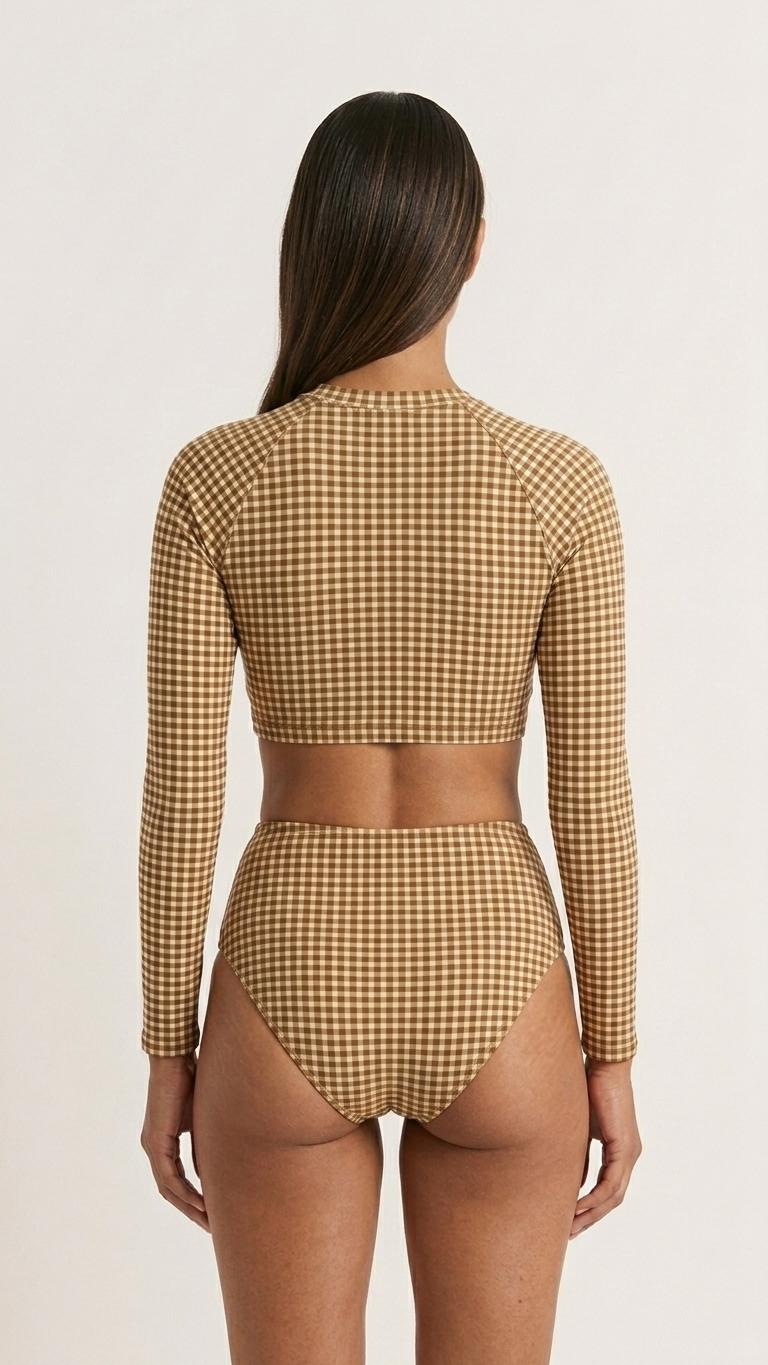 Retro Surf Sporty Long-Sleeve Rash-Guard Bikini | High-Waist Two-Piece Swimsuit | Vintage-Inspired Olive Gingham